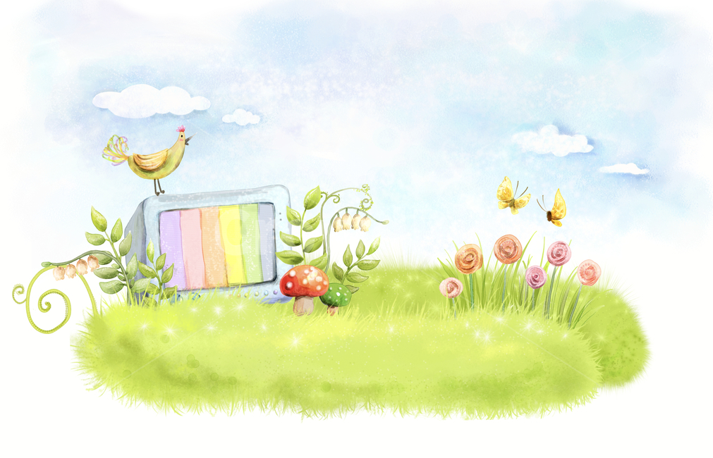 TV,tv,pattern,tree leaf,summer,home appliance,spring,grass,butterfly,bird,fairy tale,weeds,mushroom,meadow,sky,green,nature,monitor,leaf,flower,painter,environment,emotion,plant,illustration,cherry blossom