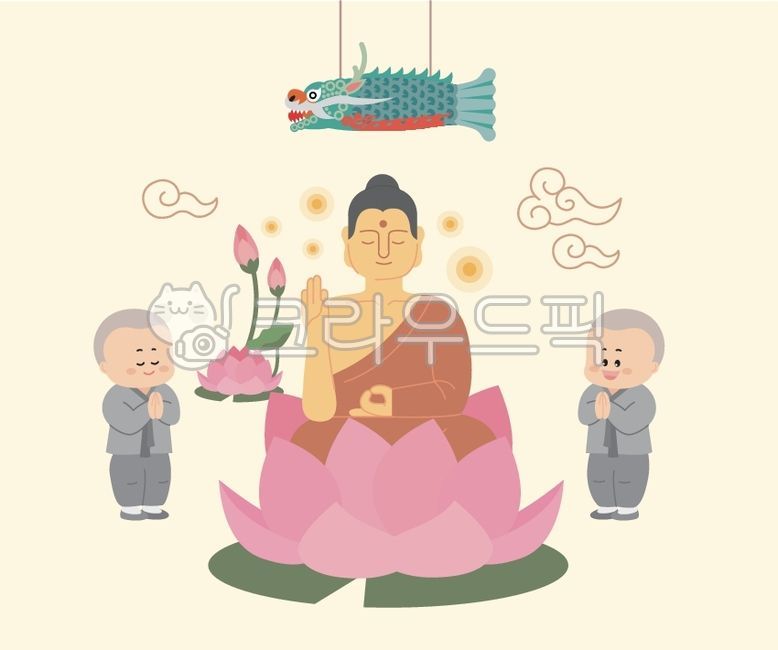 일러스트,부처님오신날,부처,부처님,석가탄신일,석가,석가모니,스님,동자,동자스님,목어,구름,전통구름,연꽃,기도,성불,절,사찰,불교,불전사물,사람,전통