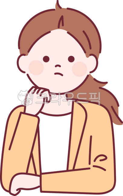 외곽선,심플,단순한,일러스트레이션,여성,상반신,정면,스타일,패션,캐릭터,귀여운,걱정,고민,생각