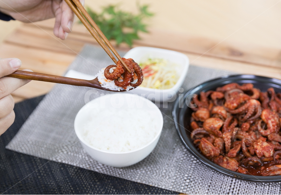 주꾸미,요리,다이어트,매운음식,식기류,건강식,조리법,그릇,테이블,식사,맛있다,먹다,별미,낙지,문어,맵다,짜다,준비,숟가락,식탁,붉다,해산물,바다요리,재료,배고프다,무침,볶음,식당,밥,볶다,젓가락,매콤하다,양념,밥도둑,음식,식재료,요리,food,cook,meal,dishes,food reserves,한식,한국음식,한국요리,korean food,korean dishes,korean meal,korean cook