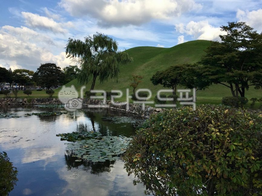 pond,capital,destination,bluesky,cloud,Daereungwon,weather,cultural property,old capital,sky,king,tomb,tourist destination,clear,Silla,heritage,clean,cultural heritage,Gyeongju,culturalheritage,cloudy,field,outdoors,gyeongju,oldcapital