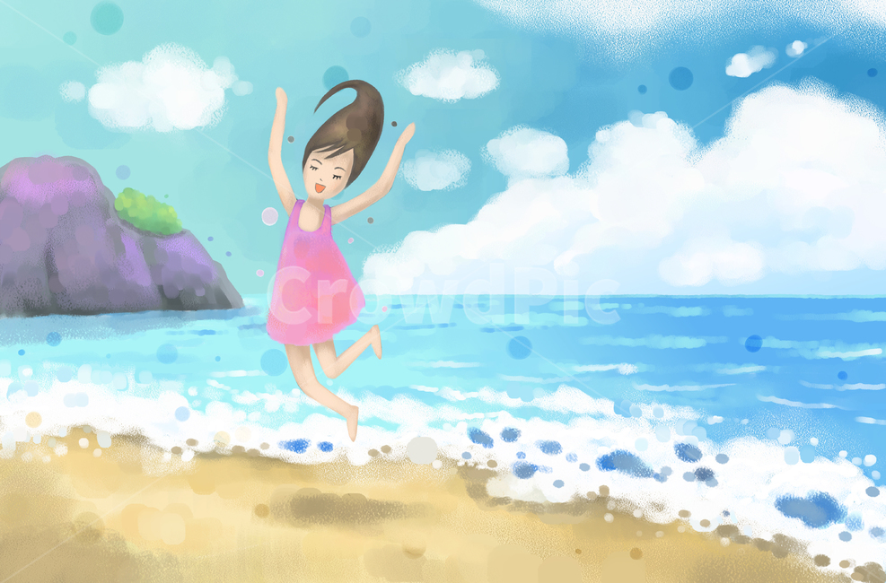 페인터,그림,일러스트,핸드드로잉,드로잉,이미지,아트,클립,클립아트,삽화,그래픽,수채화,유화,파스텔,상황,상황그림,상업미술,회화,수작업,손그림,미술,피서,행복,인간,여행,여행지,휴가,휴식,즐거움,기쁨,사람,배경,캐릭터,예쁜그림,엽서,카드,감수성,느낌,라이프스타일,해변,휴양지,여자,여인,소녀,신남,뛰기,웃음,원피스,섬,편안함,풍경,여름,둥실둥실,하늘,구름,파도,모래,모래사장,백사장,nature,자연,clothing,의류,apparel,의복,outdoors,옥외,sea,바다,ocean,대양,water,물,여름,계절,summer,season,그래픽,일러스트레이션,graphic,illustration