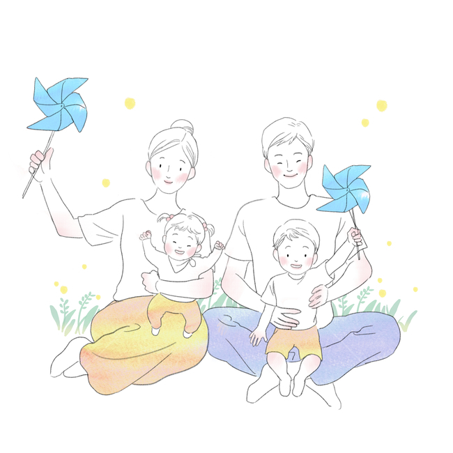 풀밭,꽃밭,바람개비,엄마,아빠,아들,딸,행복,가족,가정의달,라인일러스트,사람들,대중,군중,other people,crowd,가족,패밀리,family,그래픽,일러스트레이션,graphic,illustration
