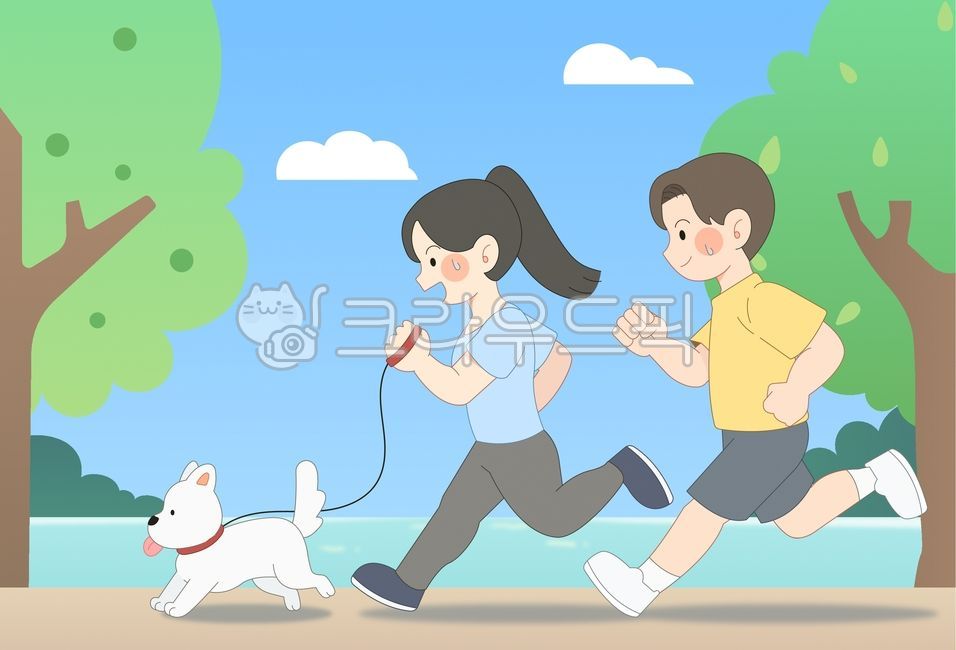 공원,산책,러닝,운동,사람,나무,하늘,강아지,자연,환경,일러스트,포스터