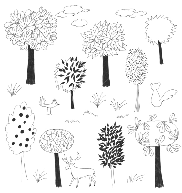 손그림,handdrawing,연필그림,drawpencil,pencilline,나무,tree,wood,다람쥐,squirrel,사슴,deer,새,bird,구름,cloud