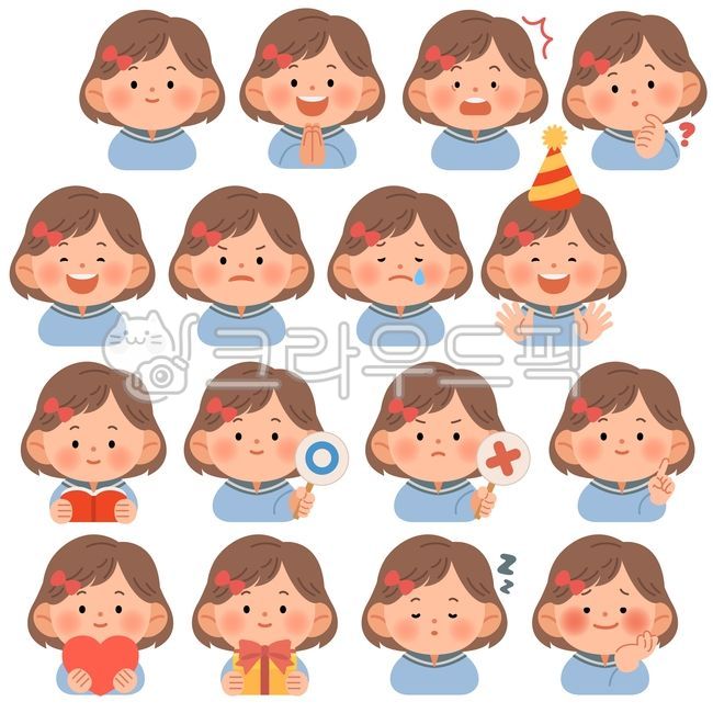어린이,여자아이,감정표현,얼굴표정,캐릭터,일러스트,귀여운,웃는얼굴,우는얼굴,벡터,퀴즈,놀란얼굴,화난얼굴,수줍은표정,졸린얼굴,기뻐하는아이,감정카드,학습자료,교육일러스트,플랫일러스트,어린이교육,감정공부