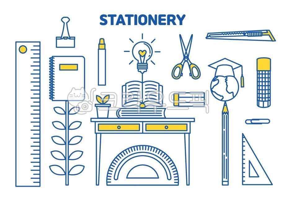 문구류,문구용품,문방구,자,삼각자,연필,책상,책,지구본,학사모,딱풀,클립,칼,컷터칼,가위,색연필,지우개,각도기,노트,전구,하트,화분,식물,성장,로고,학생,추상,벡터,아이콘,디자인,라인,구상,업무,사무,도안