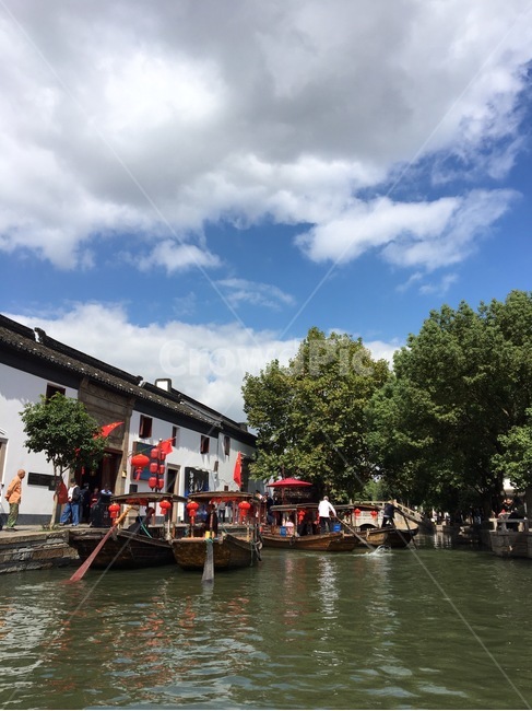 보트,상하이,나룻배,호수,교통,중국,수향마을,마을,water,물,나무배