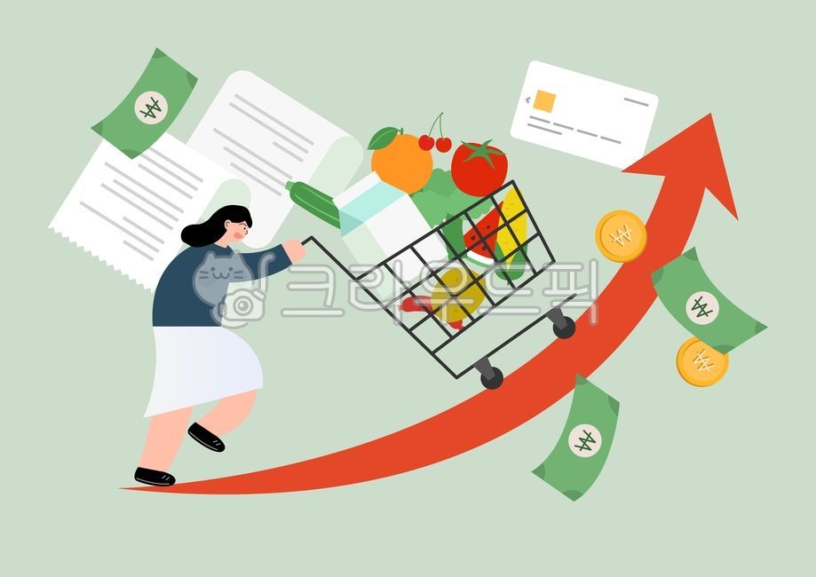 비즈니스,일러스트,일러스트레이션,그림,드로잉,벡터,배경,가정주부,백그라운드,경제,금융,경제위기,버블붕괴,위기,상승,화살표,인플레이션,물가,물가상승,장바구니,마트,카트,음식,식료품,식재료,채소,과일,우유,호박,오렌지,토마토,브로컬리,수박,옥수수,감자,체리,소시지,돈,지폐,동전,카드,신용카드,영수증,사람,인물,여자,여성,주부,inflation,risk,supermarket,food,groceries,money,coin,banknote,credit,card,receipt,person,woman,housewife,cart,trolley,milk,orange,tomato,broccoli,sausage,potato,watermelon,corn,zucchini,arrow,rise,price,isolated,banking,economy,crisis,decline,investment,flat,background,financial,finance,illustration,business,vector