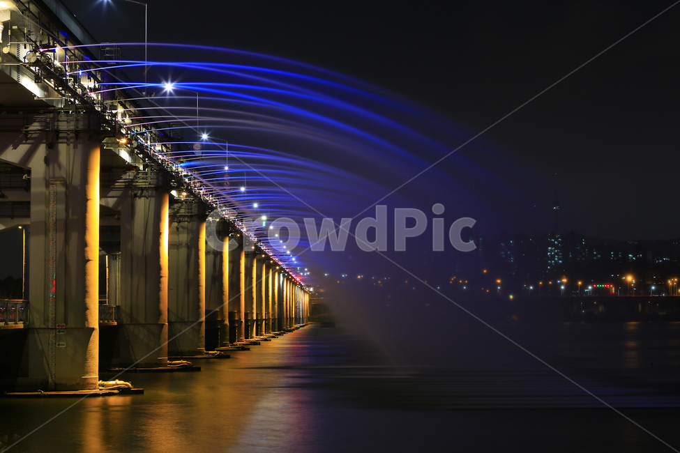 night scenery,light,musical fountain,bridge,Banpo Bridge,Han River