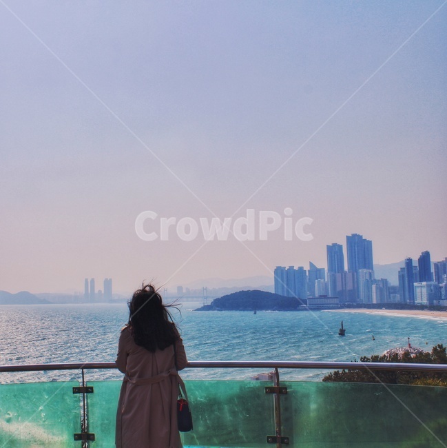 뒷모습,여자,풍경,바다,해운대,파란바다,여성,beach,ocean,sea,도시,풍경,city,landscape,사람,인물,인간,human,person,여성,여자,woman,female,lady,clothing,의류,apparel,의복,railing,난간