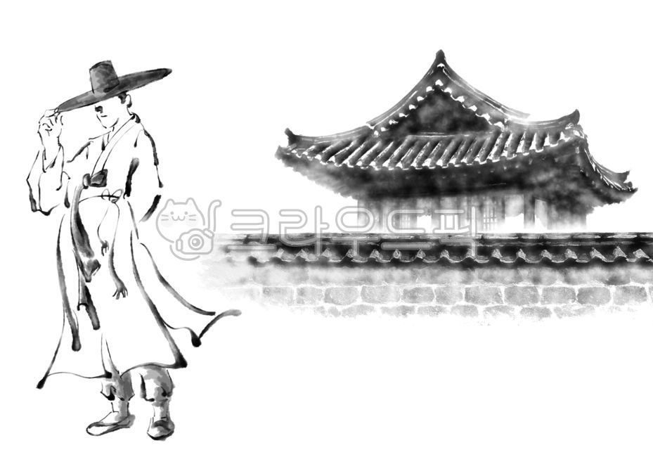 Ink wash painting,Hanok,Korean traditional house,Korean painting,Oriental painting,tile,tile roof,Korean house roof,tile house,paint spread,watercolor,brush stroke,hand drawing,Korean traditional background,ink spread,color spread,brush st