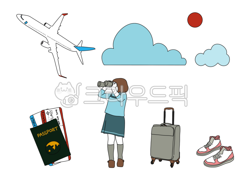 여행,트렁크,여행가방,비행기,구름,해,여권,비행기표,운동화,아이,사람,여자아이,인간,망원경,휴가,휴일,방학,쉼,travel,traveling,trip,tour,journey,plane,aircraft,airplane,ticket,airticket,airlineticket,planeticket,suitcase,travelingbag,trunk,cloud,sun,vacation,holiday,person,human,woman,girl,telescope,takeabreake,sneakers,runningshoes