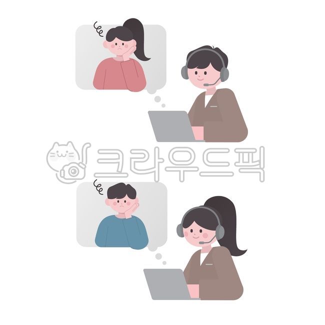 상담,상담사,고객,고객센터,문의,반품,접수,클레임,고민,문의사항,불만,서비스,안내,답변,질문,대응,cs,qa,faq,콜센터,여자,남자,사람,인물,여성,남성,상담원,직업,어른,11,채팅,영업,어플,온라인,설명,헤드셋,마이크,노트북,친절한,미소,커뮤니케이션,소통,연결,전문적인,직원,벡터,일러스트
