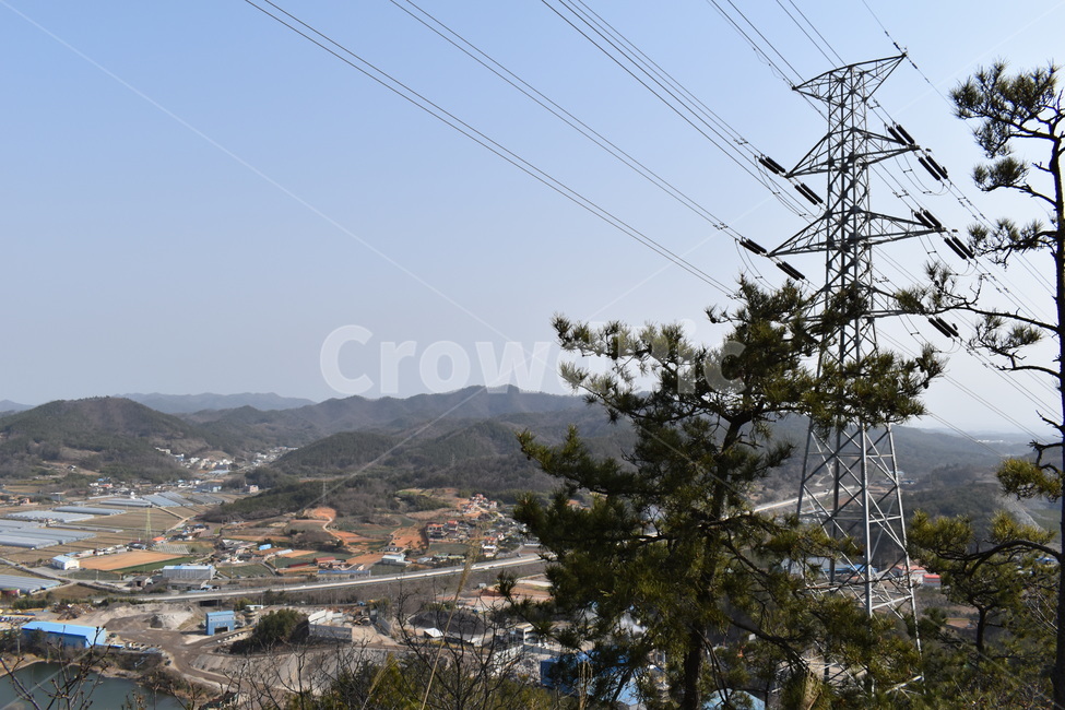 송전탑,산,나무,등산,마을,마을풍경