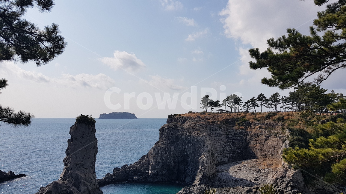 제주도,제주도올레길,올레7코스,외돌개,자연,풍경,경치,바다,올레,7코스,구름,제주풍경,화산암,현무암,나무,돌,바위