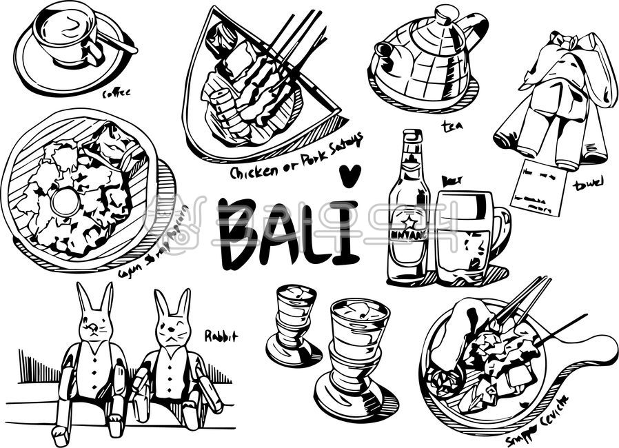 Art,art,cartoon style,Bali,hand drawing,cartoon,line,sun drawing,line drawing,rice,Balinese doll,kettle,Balinese food,meal,rabbit doll,coffee,stick,hotel towel,travel,beer