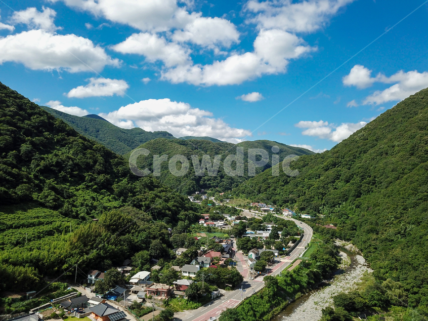 여름,하늘,구름,산,마을,풍경,자연,nature,outdoors,scenery