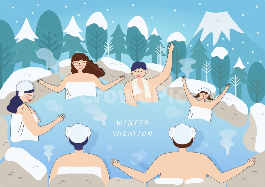겨울,여행,계절,시즌,눈꽃,눈송이,라인,일러스트,캐릭터,사람,산,나무,모자,온천,가족,여자,남자,커플,수건,겨울,계절,winter,season,그래픽,일러스트레이션,graphic,illustration