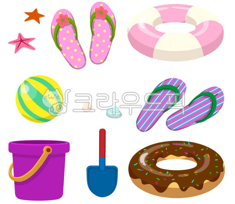 Summer,summer items,tube,beach slippers,summer illustration,beach,summer drawing,sandals,summer shoes,beach items,summer decoration,summer decoration elements,beach ball,starfish,shells,sand play items,sand shovel,sand basket,beach,sand