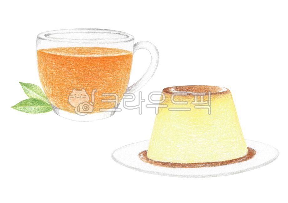 일러스트,색연필,그림,드로잉,색연필화,음식,식품,디저트,차,홍차,푸딩,커스터드푸딩