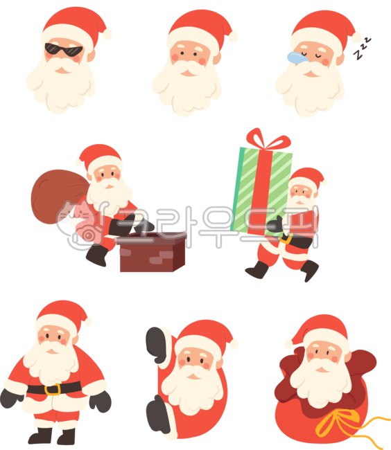 크리스마스,성탄절,산타,산타할아버지,겨울,모자,산타복,굴뚝,선물,선물상자,포장,리본,복주머니,썬글라스,잠,자는사람,일러스트,다양한,빨간색