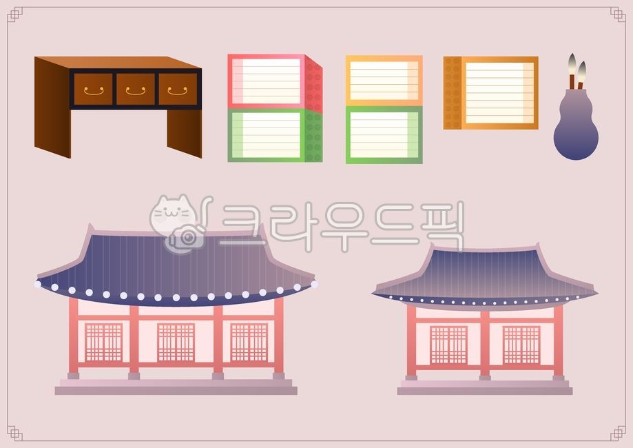 Illustration,vector,object,element,set,collection,gradient,Korea,tradition,holiday,Lunar New Year,Lunar New Year,Chuseok,Hangawi,props,furniture,table,table,book,bookcase,ceramics,brush,Hanok,tile-roofed house,house,housing,archi