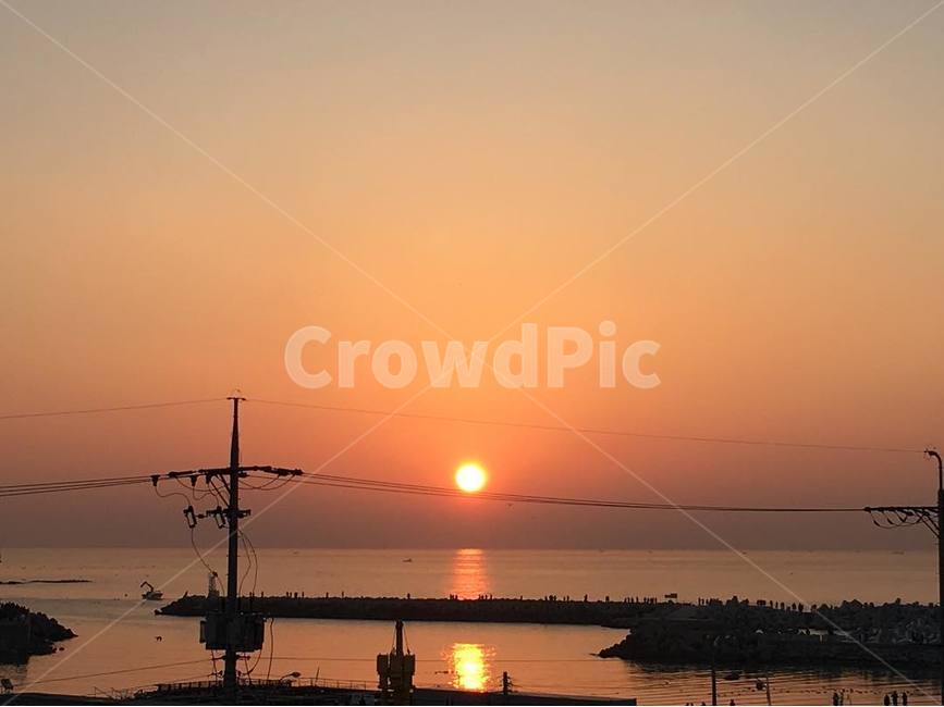 nature,자연,outdoors,옥외,해돋이,sunrise,바다,항구,전신줄