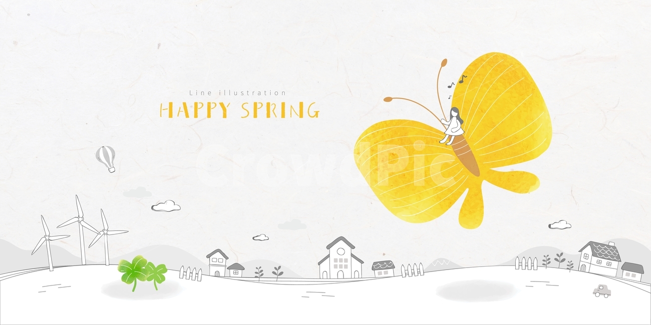 클로버,나비,열기구,봄,마을,집,여자,소녀,감성,백그라운드,배경,봄,계절,spring,season,동물,animal,곤충,벌레,insect,bug,그래픽,일러스트레이션,graphic,illustration