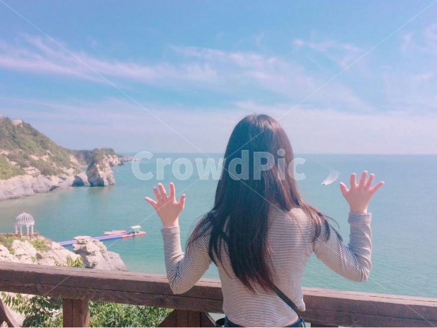 바다,여자,뒷모습,만세,긴머리여자,하늘