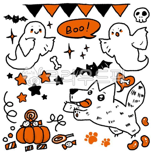 jpg,손그림,할로윈,일러스트,halloween,유령,늑대,박쥐,별,가랜드,호박