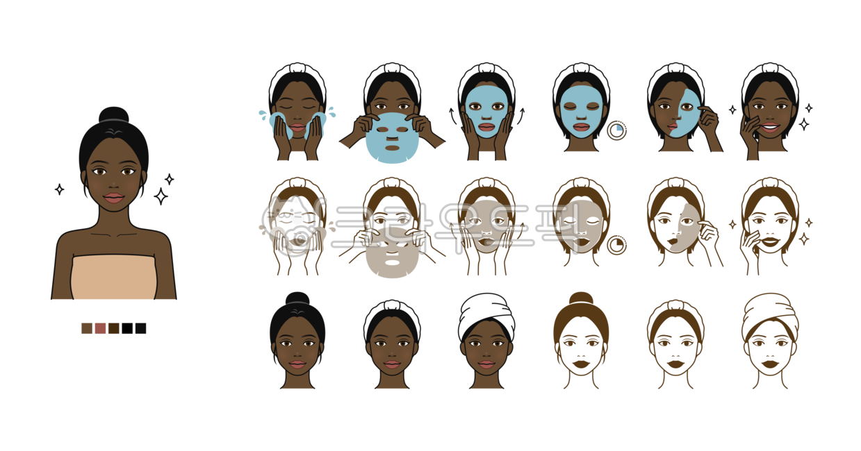 외국인,흑인,아프리카,검은피부,인종,마스크,마스크팩,팩,시트,시트팩,다양한,스킨케어,피부,뷰티,피부관리,관리,케어,미용,아름다운,아름다움,여자,여성,사람,얼굴,캐릭터,프로세스,과정,순서,루틴