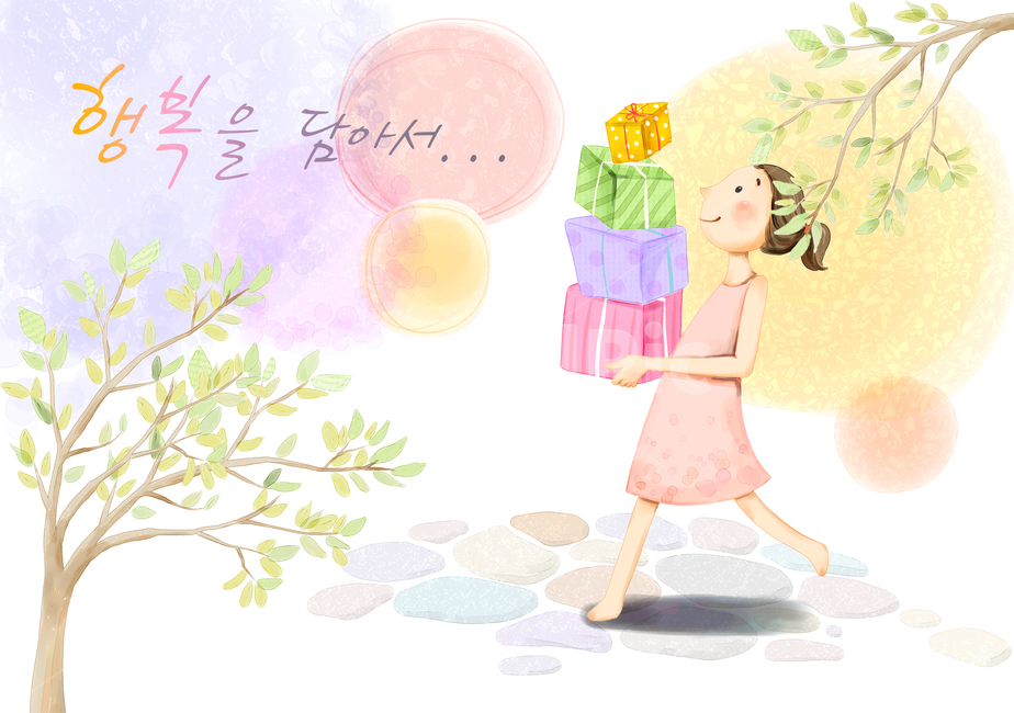 소녀,선물,이벤트,생일,봄,향기,자연,감성,행복,행운,나무,잎,어린이,삽화,일러스트,동화,나뭇잎,상자,배달,택배,기념일,그래픽,일러스트레이션,graphic,illustration
