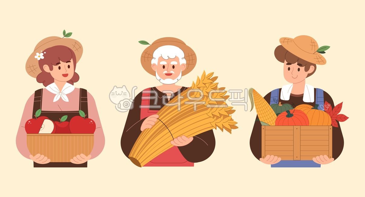일러스트,가을,그림,삽화,농부,작물,수확,추수,과일,사과,바구니,박스,들고있는,여자,남자,노인,젊은,청년,옥수수,호박,밀,곡물,쌀,세트,컬렉션,인물,사람,밀짚모자,농사