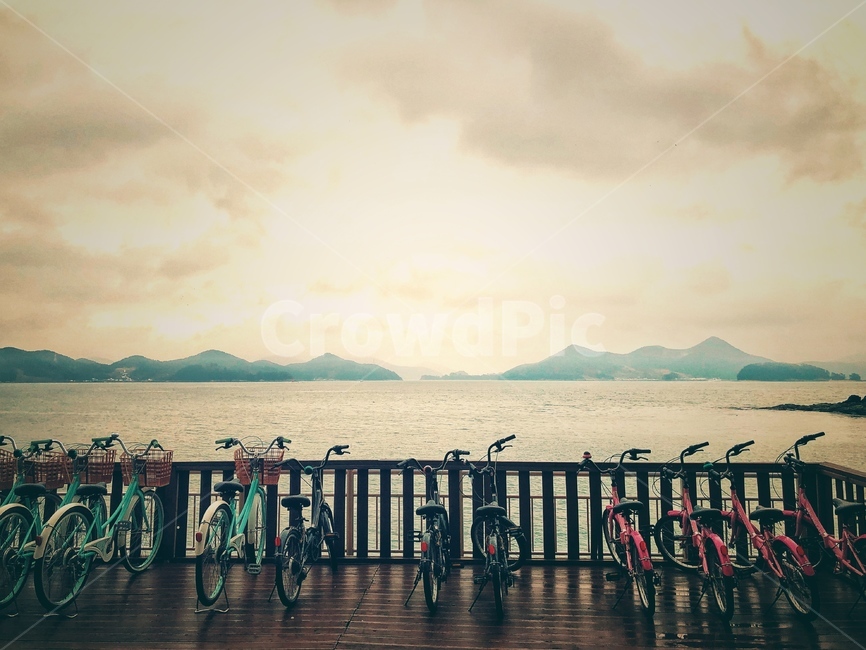 호수,자전거,일출,하늘,물,waterfront