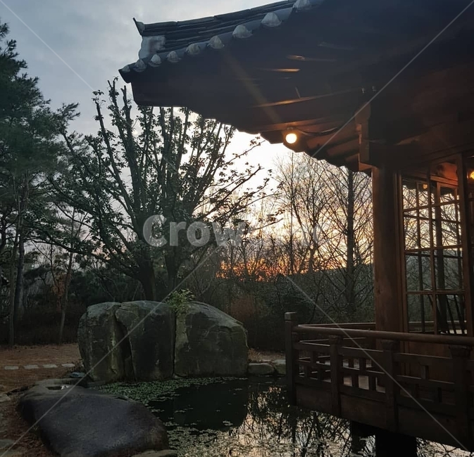한옥,연못,나무,선셋,노을,석양