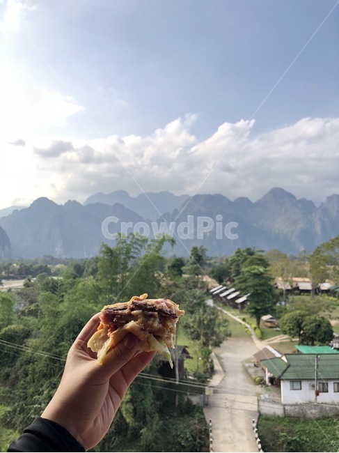 산,풍경,햄버거,휴식,하늘,라오스,방비엥