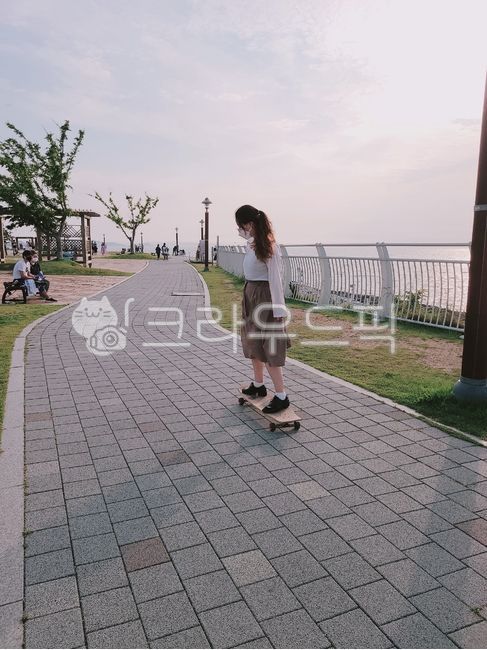 보드,여자,사람,보도,스케이트보드