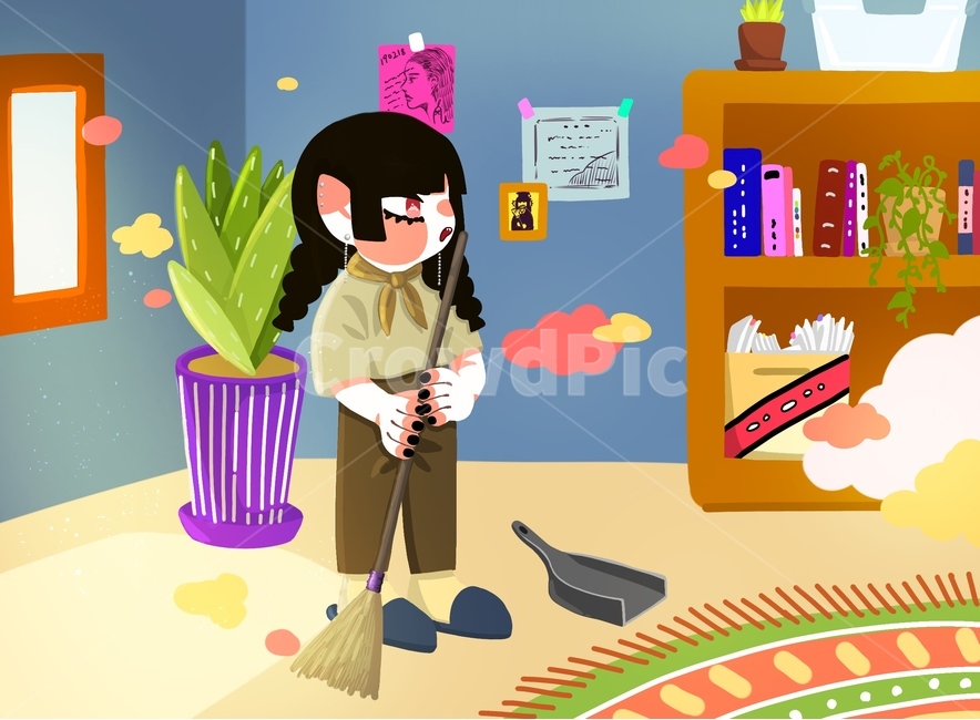 마녀,청소,여자아이,일러스트,illust,그림,카펫,화분,예술,책장,방,room,art,그래픽,일러스트레이션,graphic,illustration