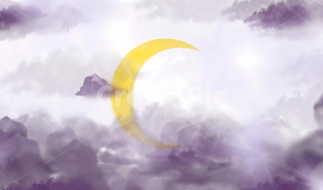 illustration,nature,moon,몽환적인,dreamy,crescentmoon,초승달,보라색하늘,purpleclouds