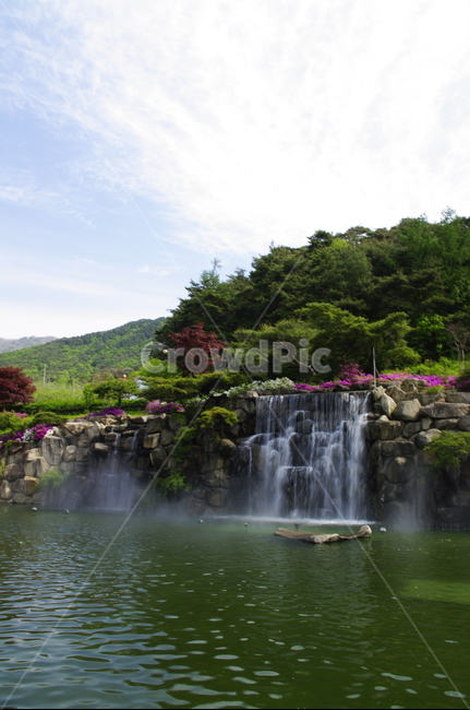 폭포,화단,하늘,구름,바위,꽃,flower,식물,plant,계절,봄,spring,자연,풍경,nature,landscape,water,물,outdoors,옥외,river,강