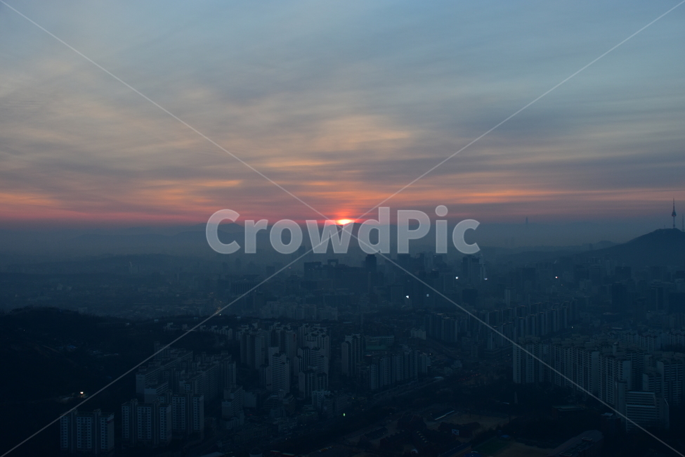 안산,일출,해맞이,해돋이,서울,아침,도시,도심지,풍경,미세먼지,겨울,해,태양,붉은색,도시,풍경,city,landscape