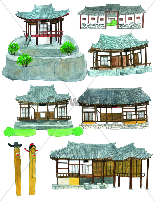 Jangseung,hand drawing,koreanstylehouse,house,handdrawing,jangseung,korea,paint painting,watercolor,Hanok,premises,koreantraditionaltotempole