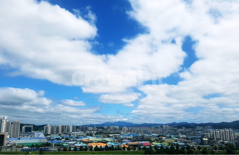 화창,파란색,도시,전경,하늘