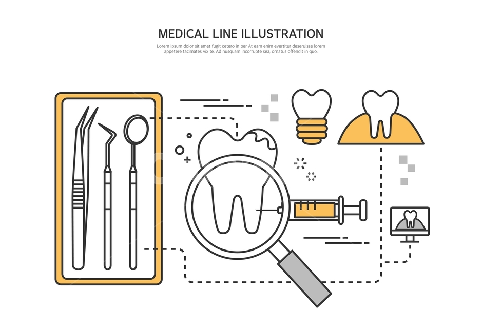 치아,임플란트,주사기,돋보기,라인일러스트,치과,병원,의료,의학,병원,medical,hospital,clinic,그래픽,일러스트레이션,graphic,illustration