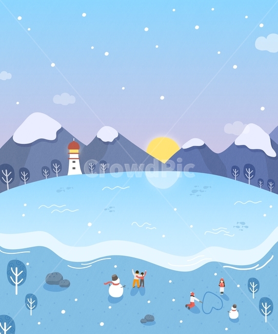 일출,바다,해변,등대,눈,눈송이,겨울,여행,미니멀,일러스트,겨울,계절,winter,season,그래픽,일러스트레이션,graphic,illustration