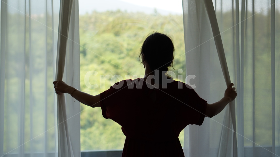 뒷모습,여자뒷모습,커튼,마운틴뷰,창가,창문,블라인드,호텔,사람,person,human,인간,여자,아침햇살,사람,인물,인간,human,person,여성,여자,woman,female,lady