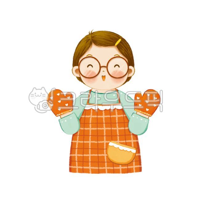 여자,안경,요리사,엄마,앞치마,장갑,주황색,요리,아줌마,정면,캐릭터,웃음,귀여운,일러스트