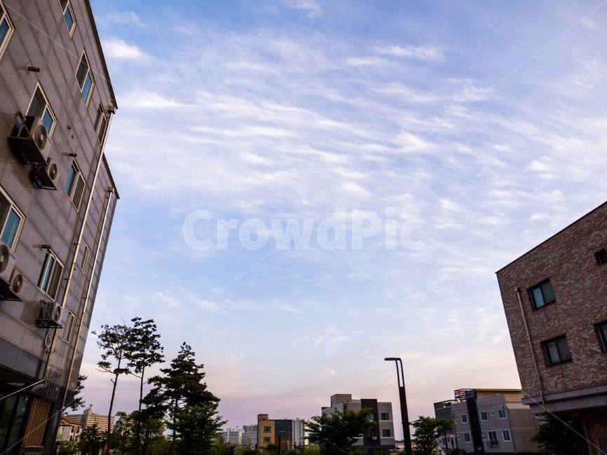 길거리,하늘,석양,구름,가로등