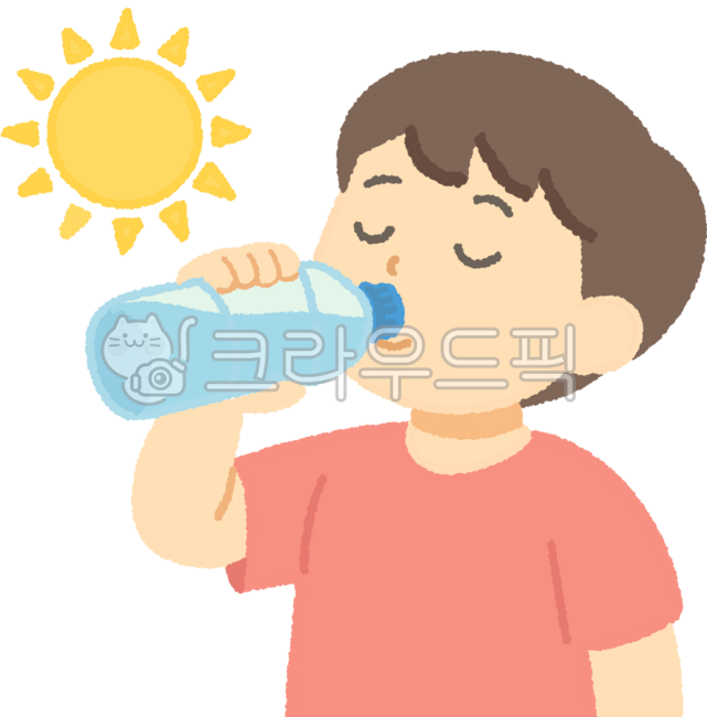 폭염,더위,수분보충,물마시기,여름건강,더위탈출,무더위,물병,시원한물,땀,갈증해소,열사병예방,냉수,수분섭취,건강일러스트,단순일러스트,파스텔톤,감성일러스트,어린이수분보충,물마시는아이,여름일상,건강관리
